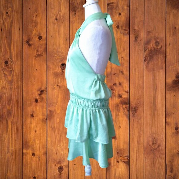 Glam Women's Small Light Green Tiered Open Back Halter Dress Satin Look - Picture 6 of 7